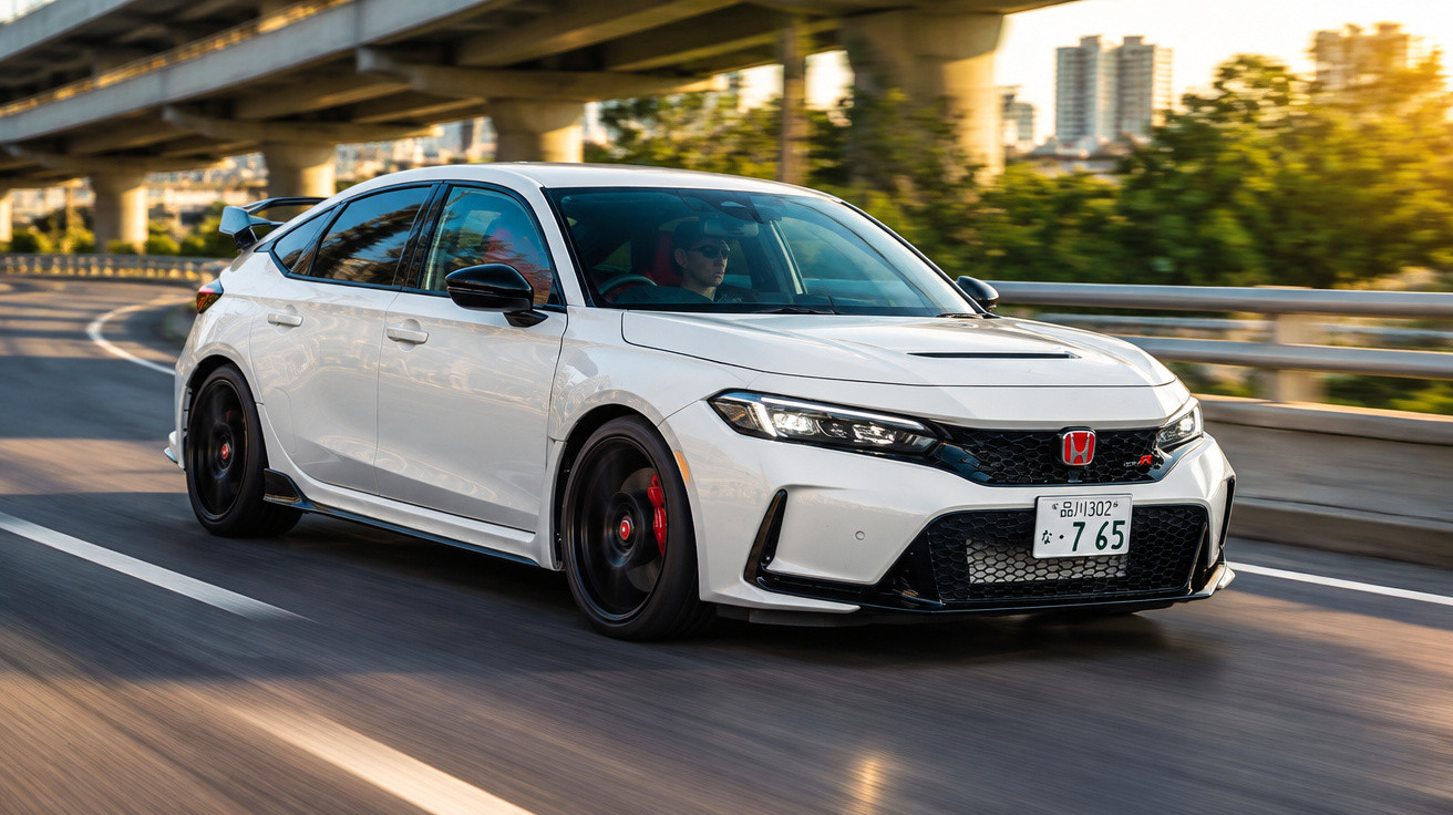 Weißer Honda Civic Type R fährt auf sonniger Autobahn unter Brücke mit Stadt im Hintergrund.