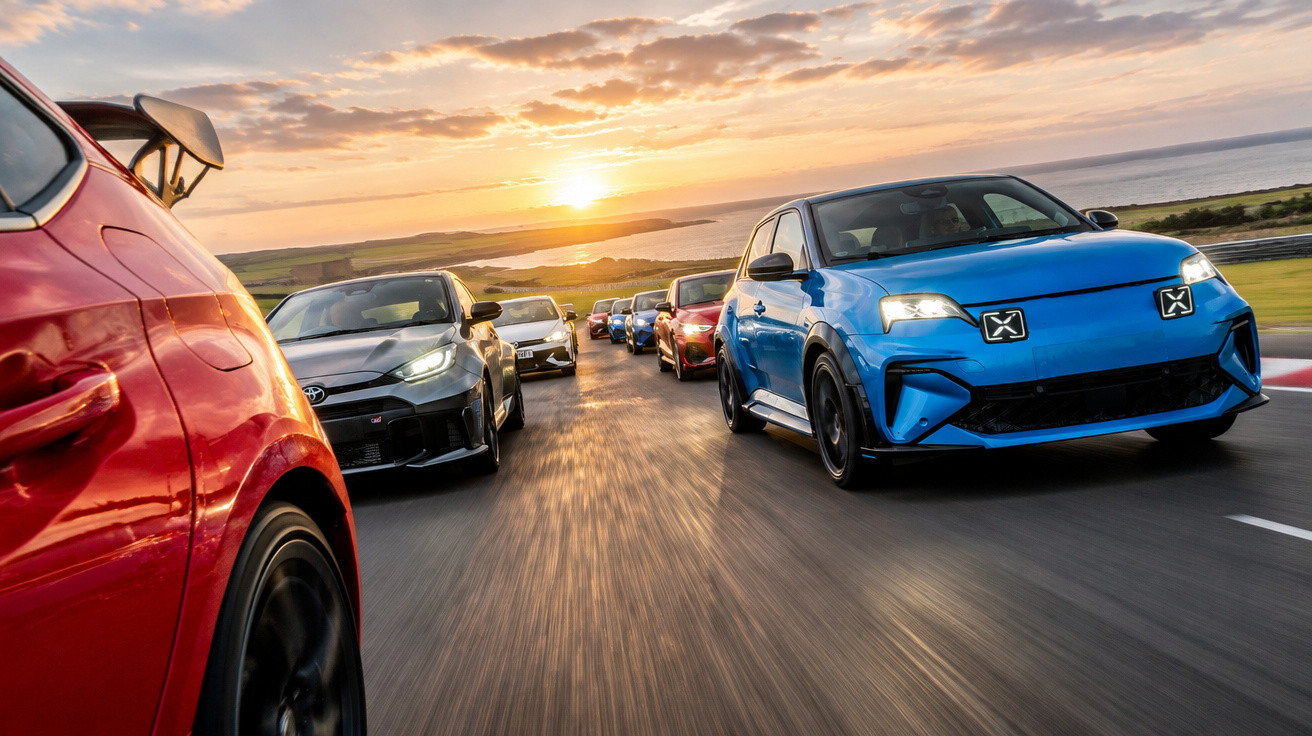 Mehrere sportliche Autos fahren bei Sonnenuntergang auf einer Landstraße entlang der Küste.