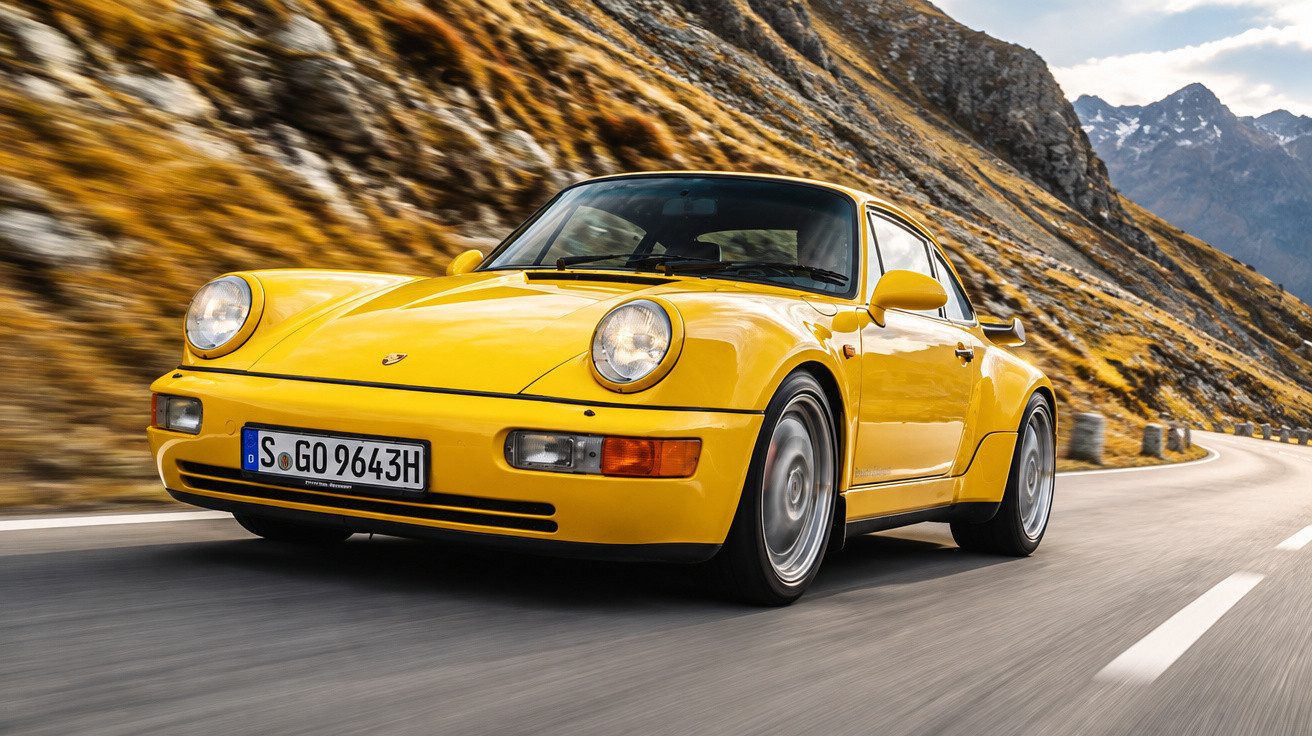 Gelber Porsche 964 fährt kurvenreiche Bergstraße mit herbstlicher Landschaft im Hintergrund.