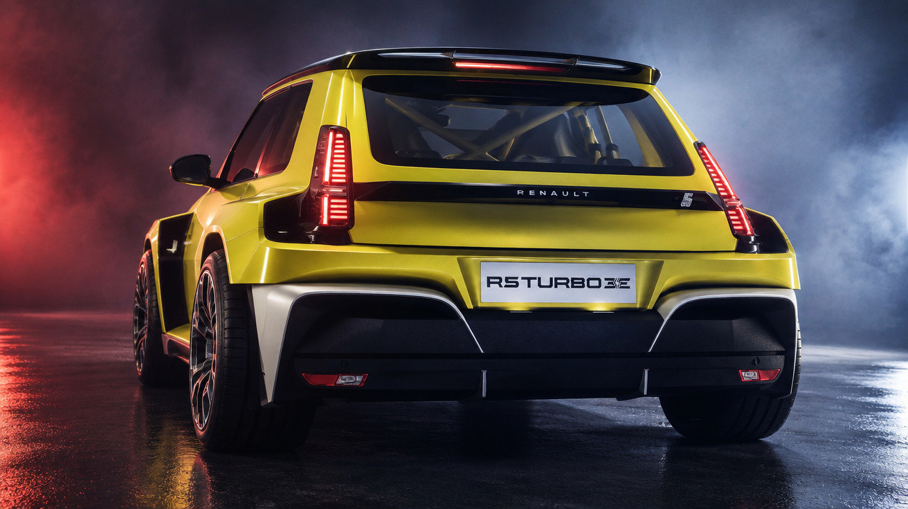 Heckansicht eines gelben Renault R5 Turbo 3E mit LED-Rücklichtern vor rauchigem Hintergrund.