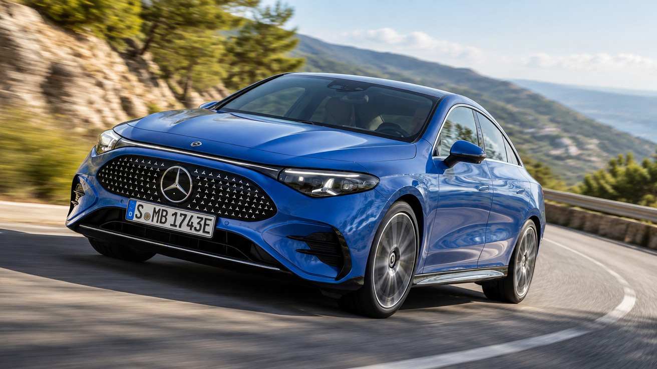 Blauer Mercedes-Benz Elektroauto auf kurviger Bergstraße bei sonnigem Wetter unterwegs.