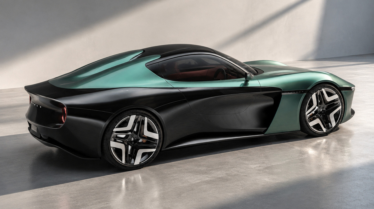 Sportliches, zweifarbiges Elektroauto in Schwarz und Grün mit aerodynamischem Design in modernem Raum.