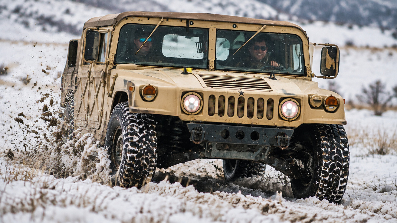 Beiger Geländewagen fährt durch verschneites und matschiges Terrain mit Insassen, die Spaß haben.