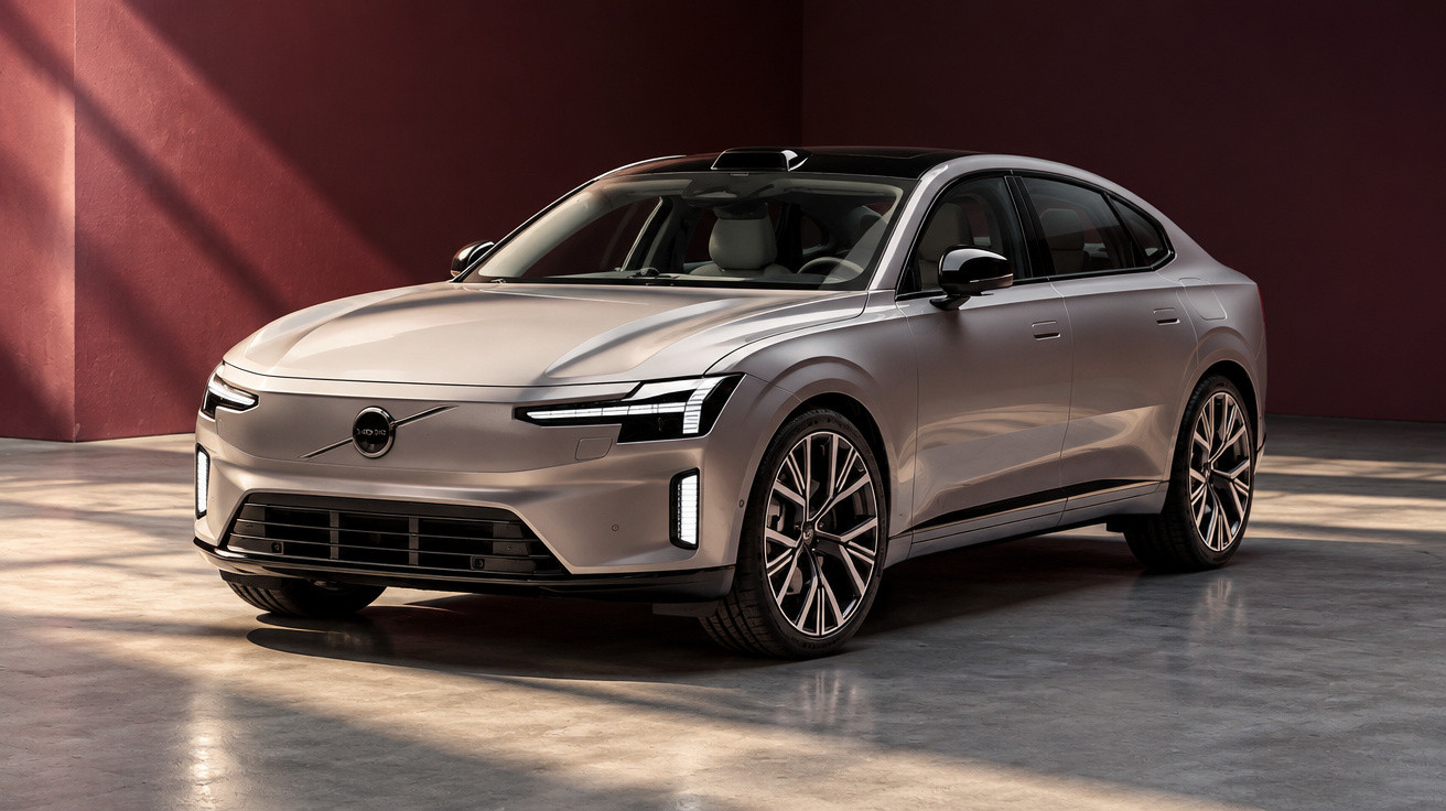Silberner Volvo Polestar 2 Elektroauto in modernem Raum mit roter Wand und Lichteffekten.