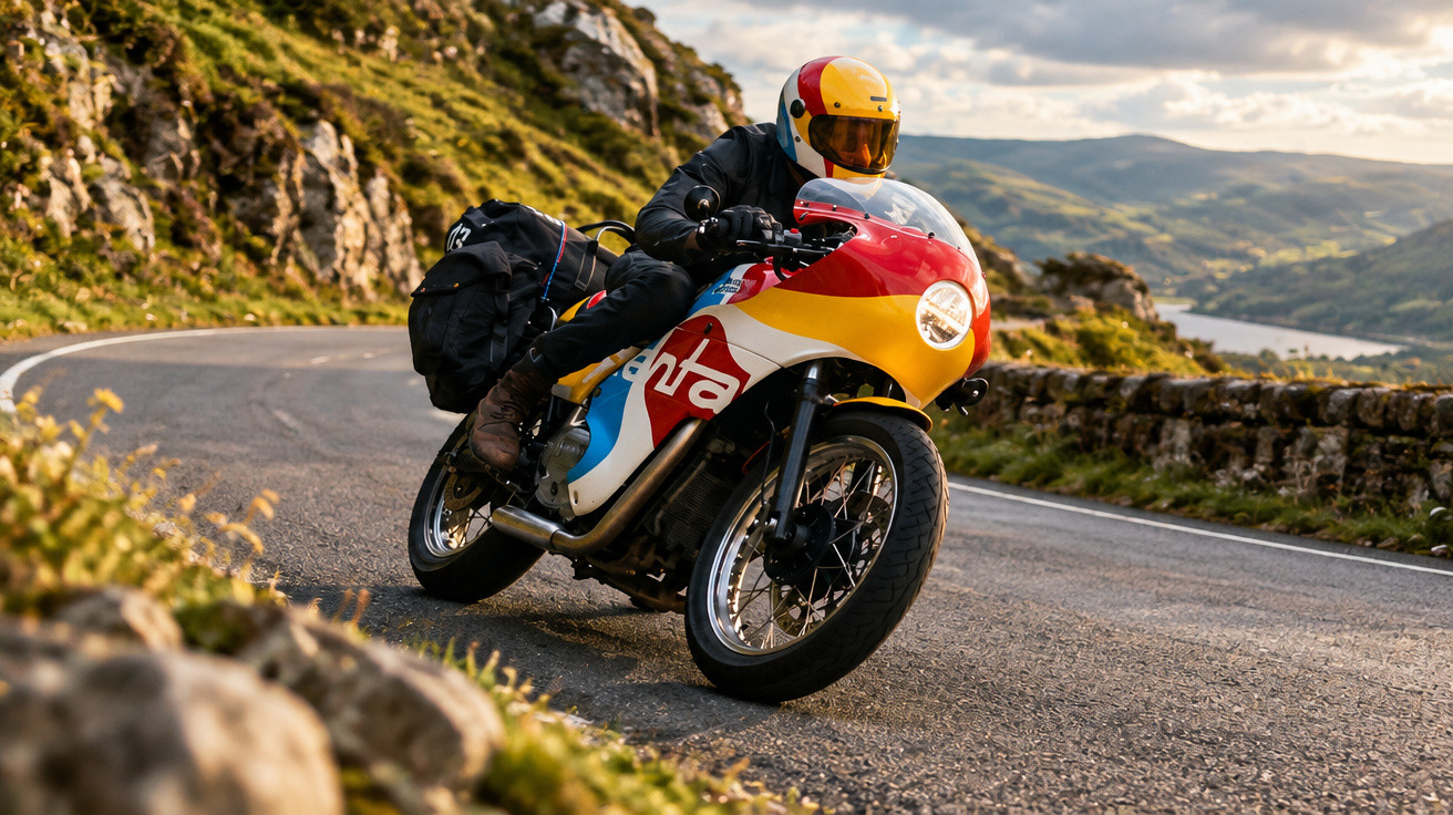 Motorradfahrer mit Helm fährt in bunter Retro-Motorradkleidung kurvige Bergstraße mit Aussicht auf See.