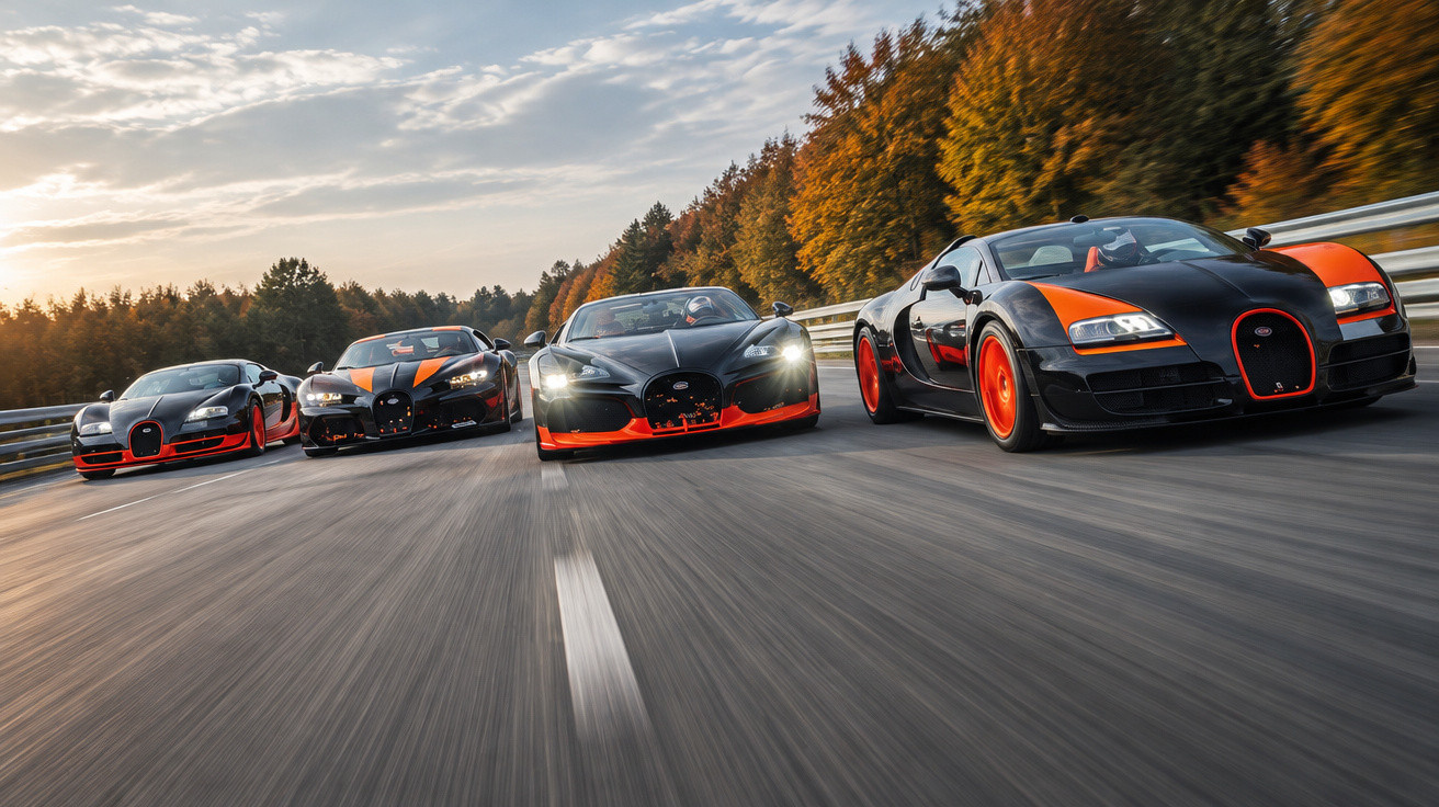 Vier schwarze und orange Bugatti-Sportwagen fahren nebeneinander auf einer Straße bei Sonnenuntergang.