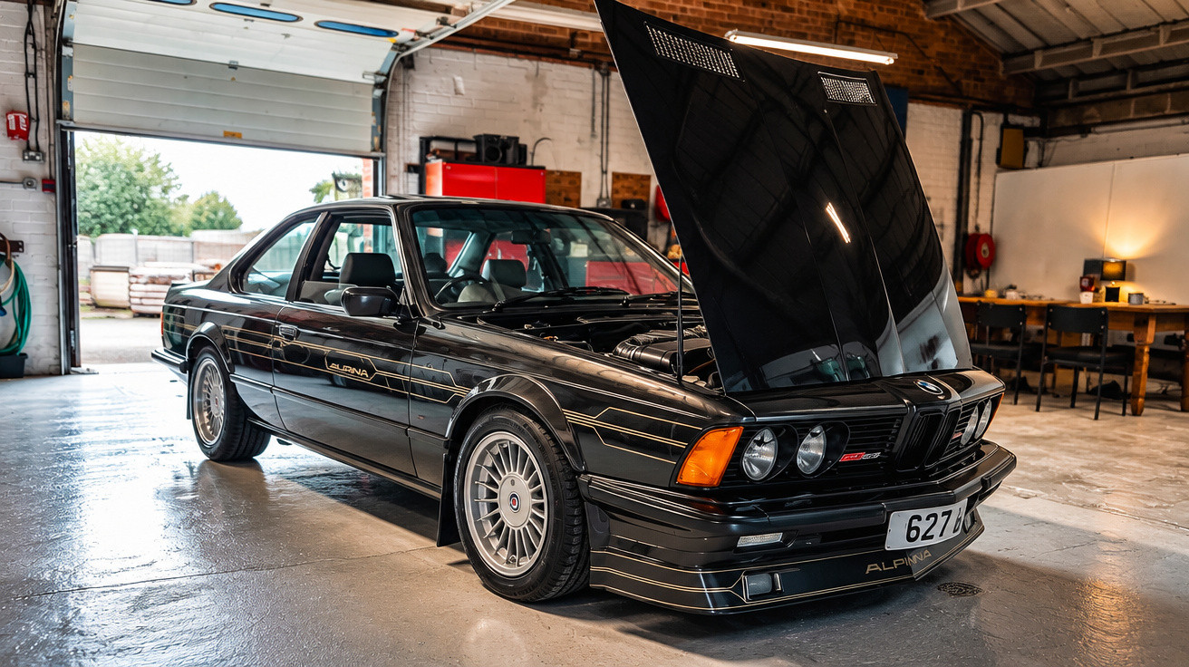 Schwarzer Alpina BMW Oldtimer mit geöffneter Motorhaube steht in einer hellen Werkstatt.