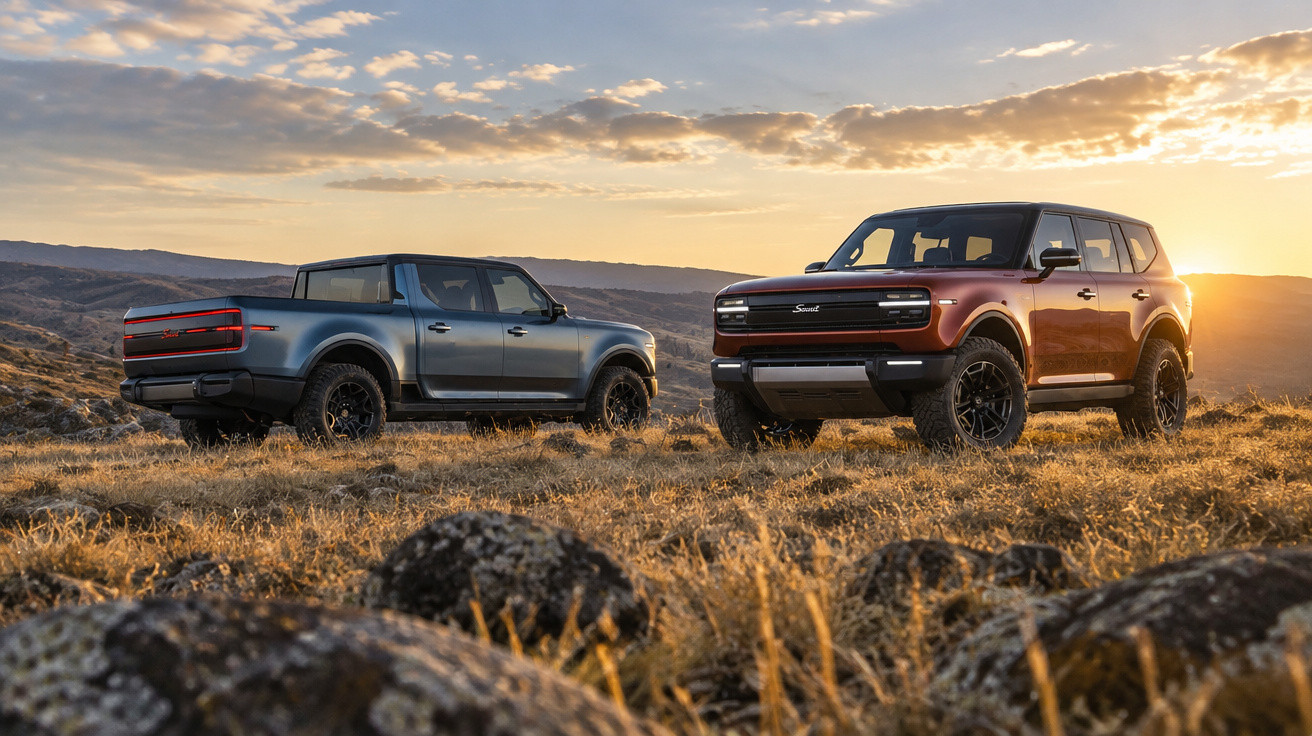 Zwei Ford Bronco Elektro-SUVs in rot und grau stehen auf felsigem Gelände bei Sonnenuntergang.