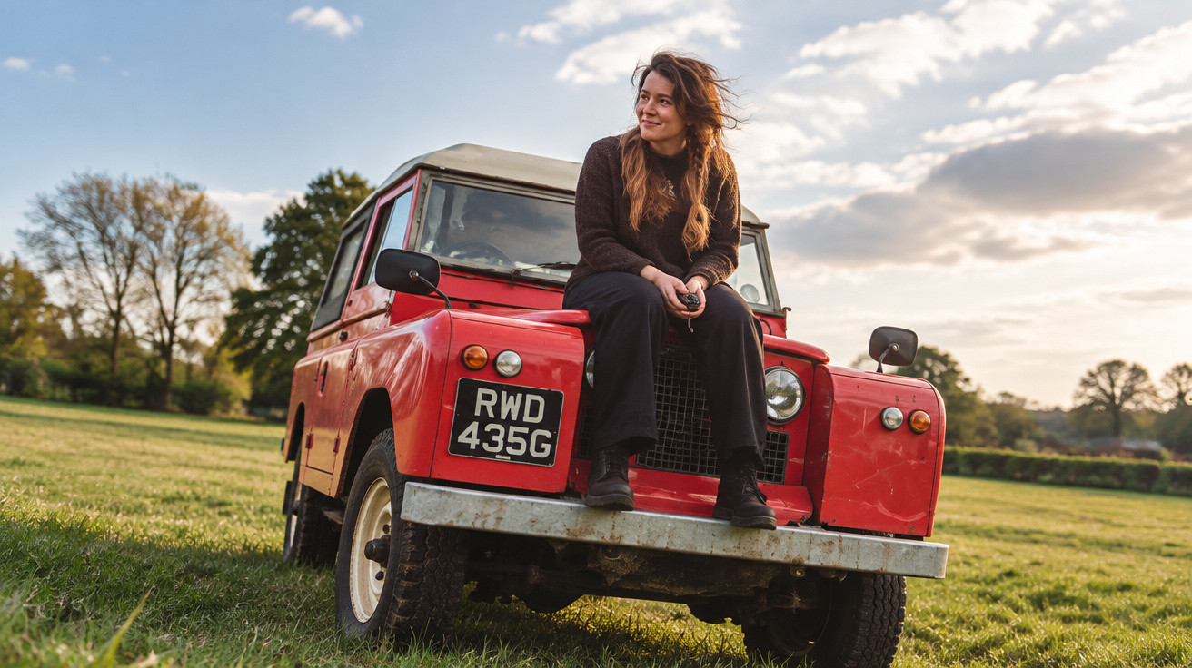 Frau sitzt lächelnd auf der Motorhaube eines roten Oldtimer-Geländewagens auf einer grünen Wiese bei Sonnenuntergang.