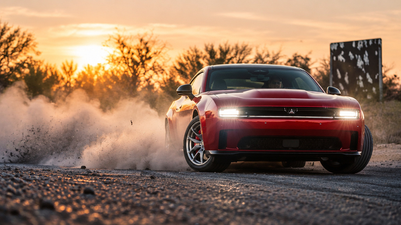 Rotes Sportauto driftet auf staubiger Straße bei Sonnenuntergang, Staub wirbelt hinter dem Fahrzeug auf.