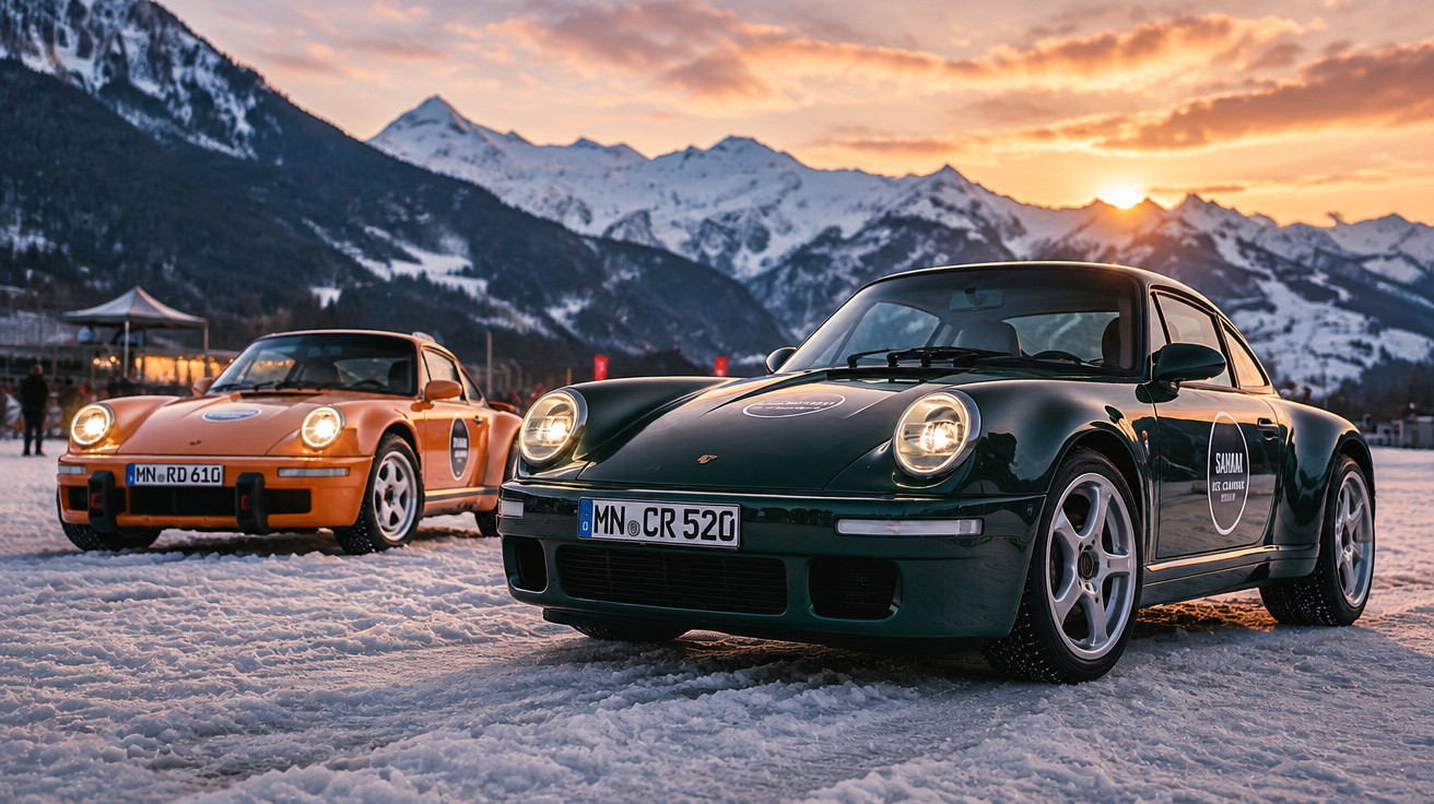 Zwei klassische Porsche 911 auf schneebedecktem Parkplatz vor Berglandschaft bei Sonnenuntergang.