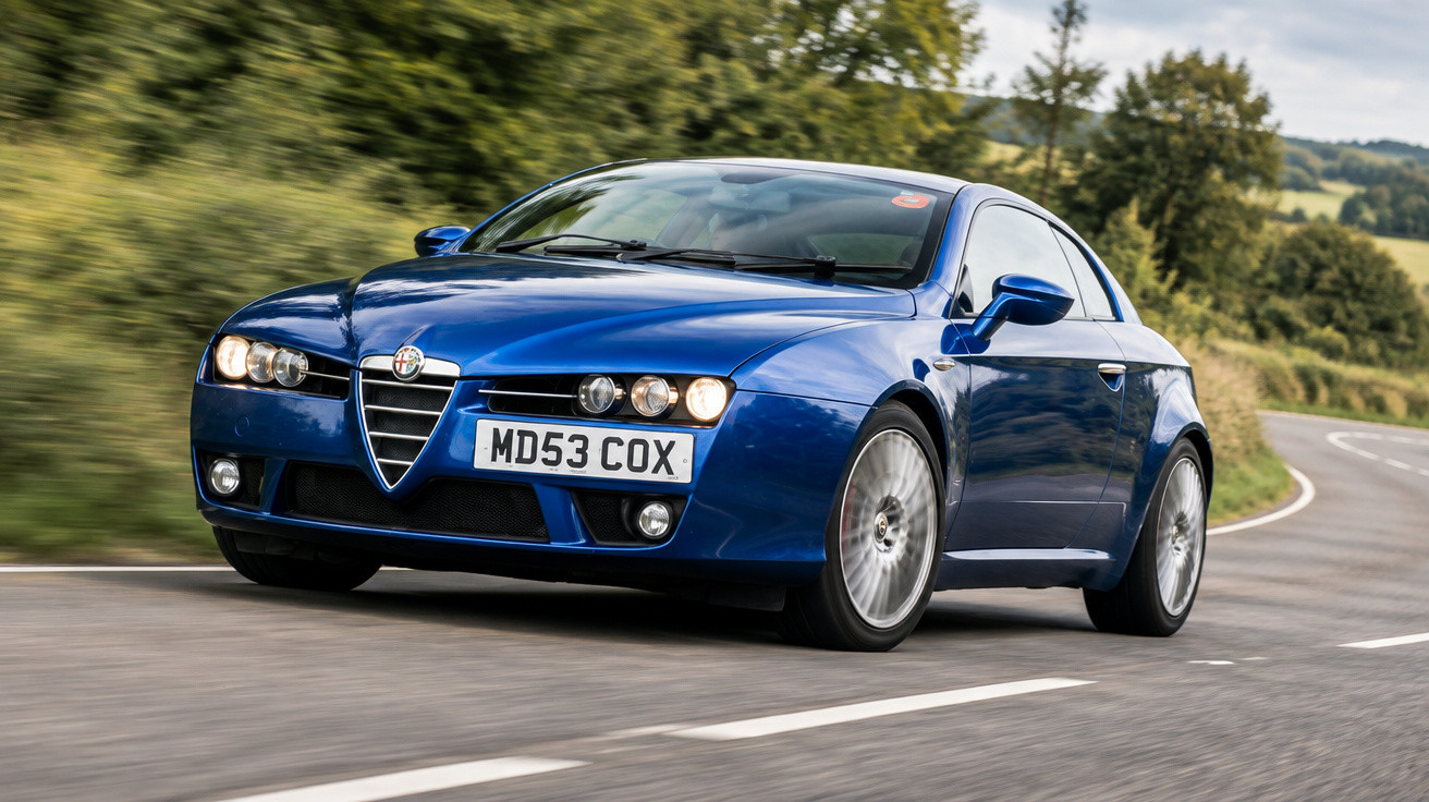 Blauer Alfa Romeo Sportswagen fährt auf kurviger Landstraße mit grünem Bewuchs im Hintergrund.