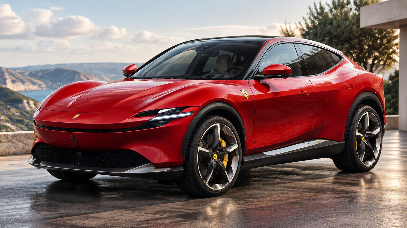 Roter Ferrari SUV mit sportlichem Design und schwarzem Dach, geparkt auf einer Terrasse mit Bergblick.