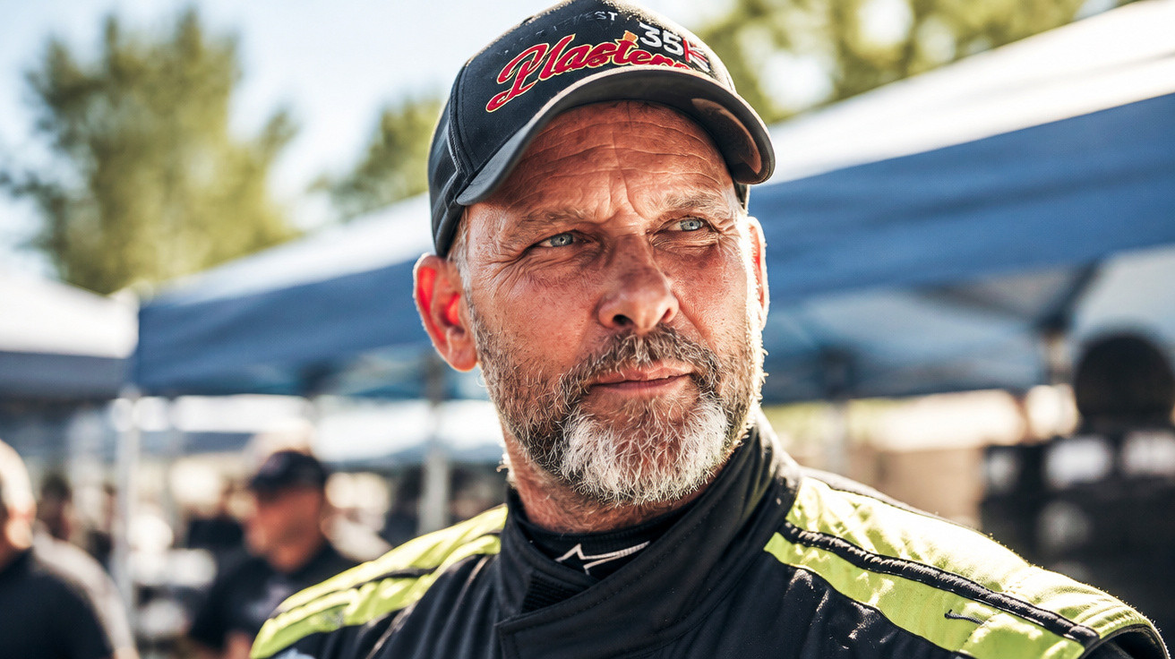 Porträt eines Mannes mit grauem Bart und schwarzer Baseballkappe bei einem Motorsport-Event im Freien.