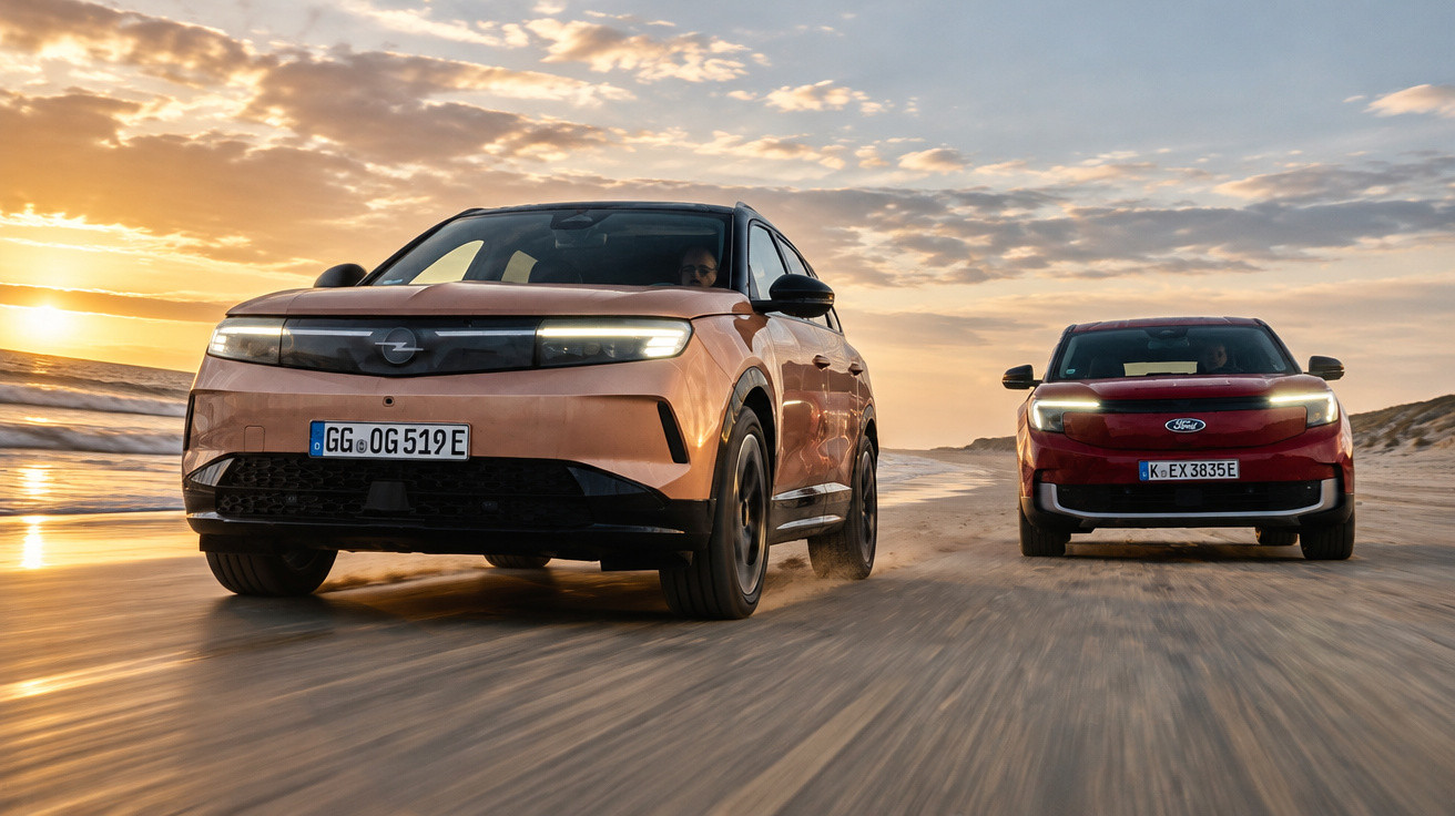 Zwei Elektro-SUVs fahren bei Sonnenuntergang entlang eines Strandes auf sandigem Untergrund.
