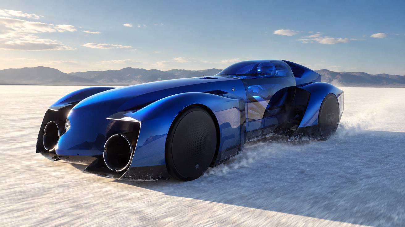Blaues, futuristisches Auto mit aerodynamischem Design fährt auf salzhaltigem Wüstenboden vor Bergkulisse.
