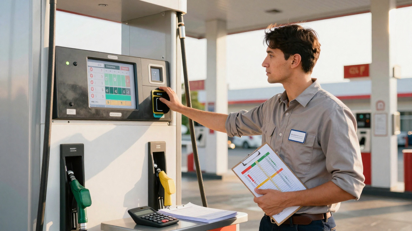Mann bedient Tankstelle an der Zapfsäule, hält Klemmbrett und benutzt kontaktloses Bezahlen.