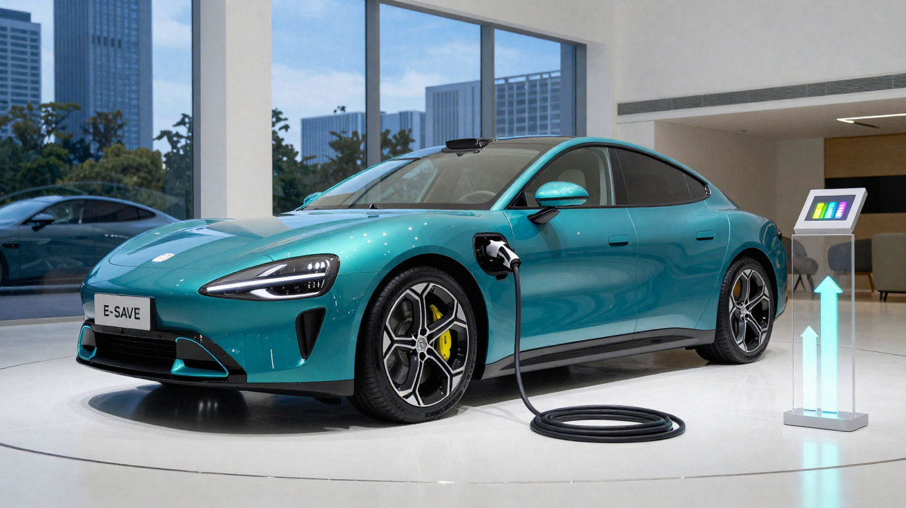 Blaugrünes Elektroauto lädt an Ladestation in modernem Showroom mit großen Fenstern und Stadtblick.