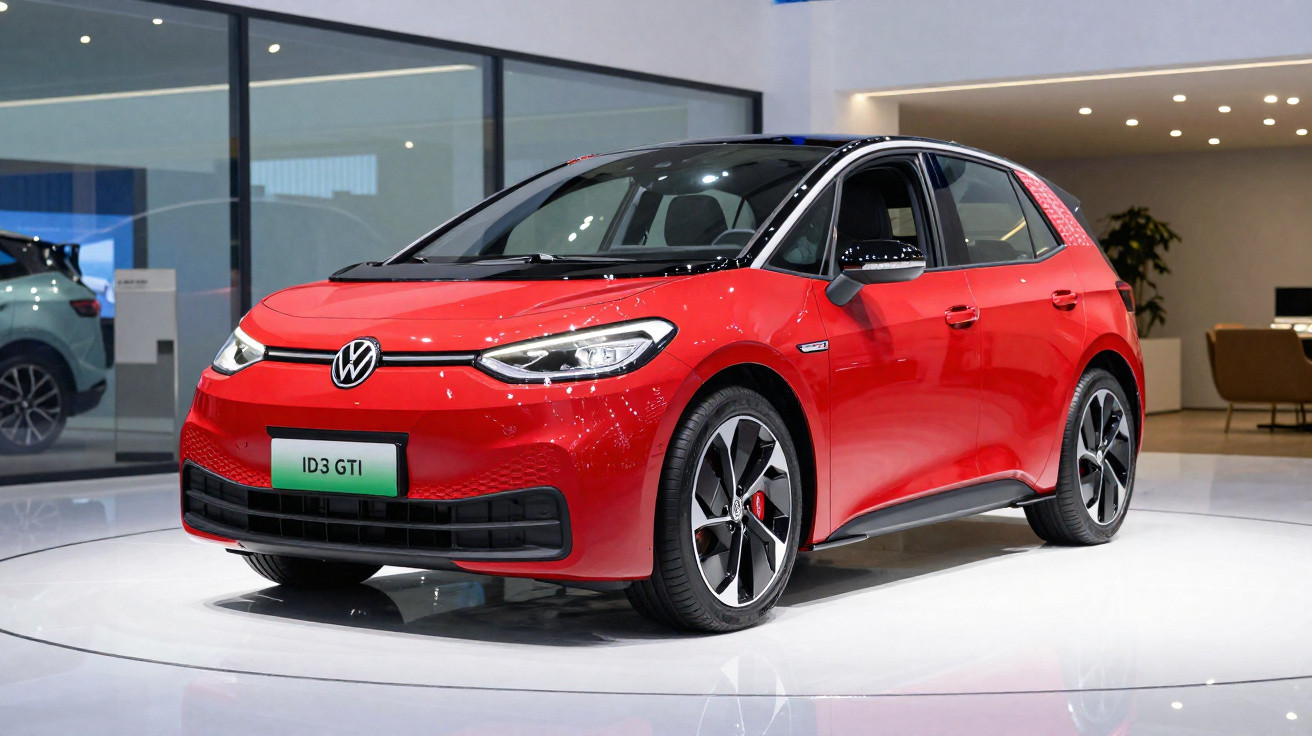 Roter Volkswagen ID3 GTI auf weißer Ausstellungsfläche in modernem Autohaus.