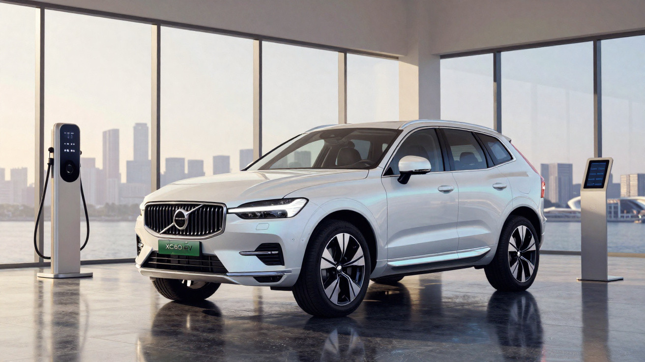 Weißer Volvo XC60 Recharge Elektro-SUV in modernem Showroom mit Ladestation und Stadt Skyline im Hintergrund.