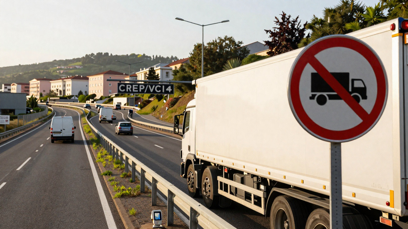 Autobahn mit verschiedenen Fahrzeugen und Schild, das Lkw-Verbot anzeigt auf der rechten Seite.
