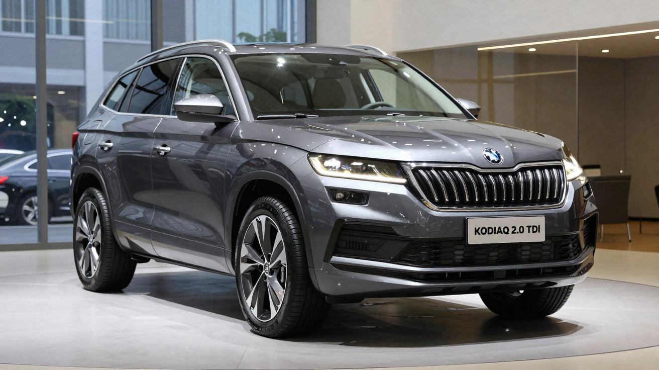 Grau metallic Skoda Kodiaq 2.0 TDI SUV im Ausstellungsraum mit moderner Frontansicht und LED-Scheinwerfern.