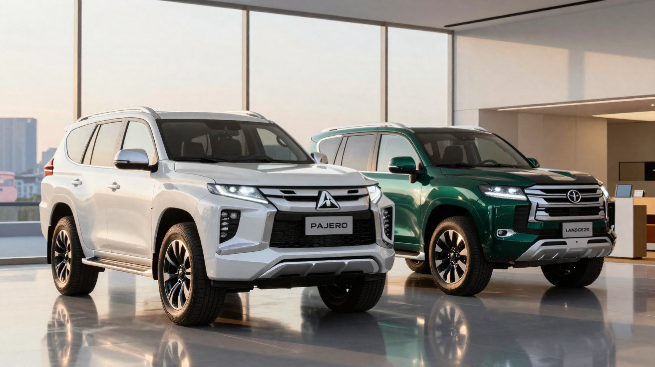 Zwei moderne SUV, weißer Mitsubishi Pajero und grüner Toyota Landcruiser, stehen in einem hellen Showroom.