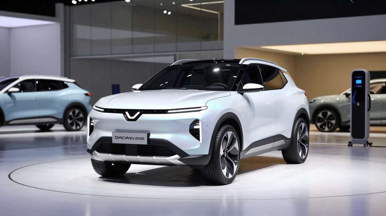 Weißer Dacia EV 2030 Elektro-SUV auf einer Messe mit weiteren E-Autos und Ladestation im Hintergrund.