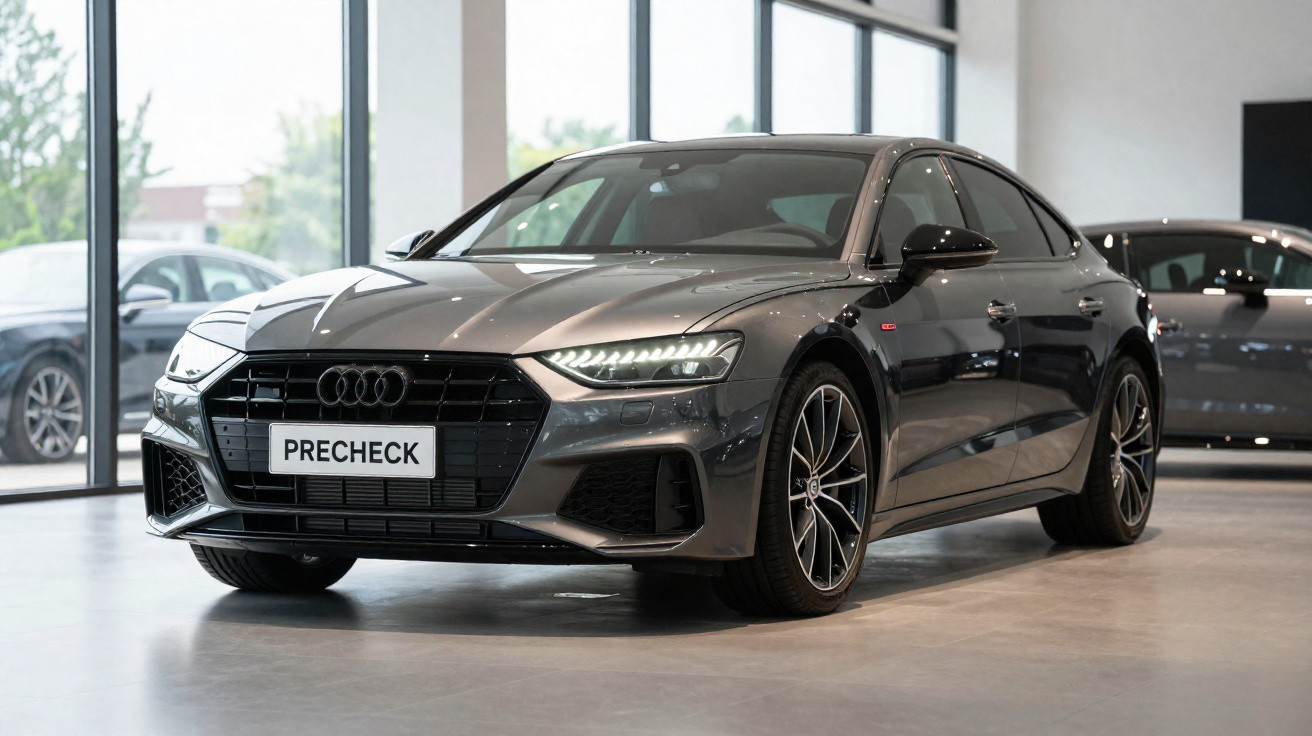 Grauer Audi Sportwagen mit LED-Scheinwerfern steht in modernem Autohausinnenraum.