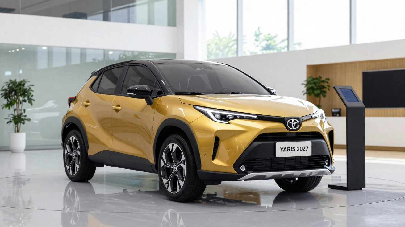 Goldener Toyota Yaris 2027 in Ausstellungshalle mit großem Fenster und Informationsdisplay neben dem Auto.