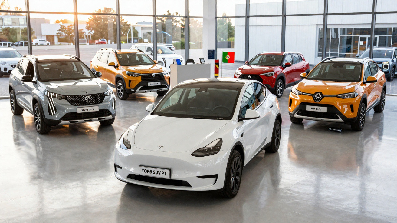 Innenaufnahme eines Autohauses mit fünf SUVs verschiedener Marken und Farben bei Tageslicht.