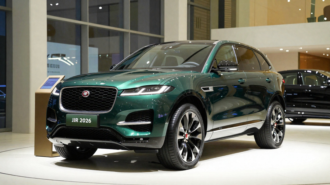 Dunkelgrüner Jaguar SUV im Ausstellungsraum mit schwarzem Grill und glänzenden Felgen auf weißem Podest.