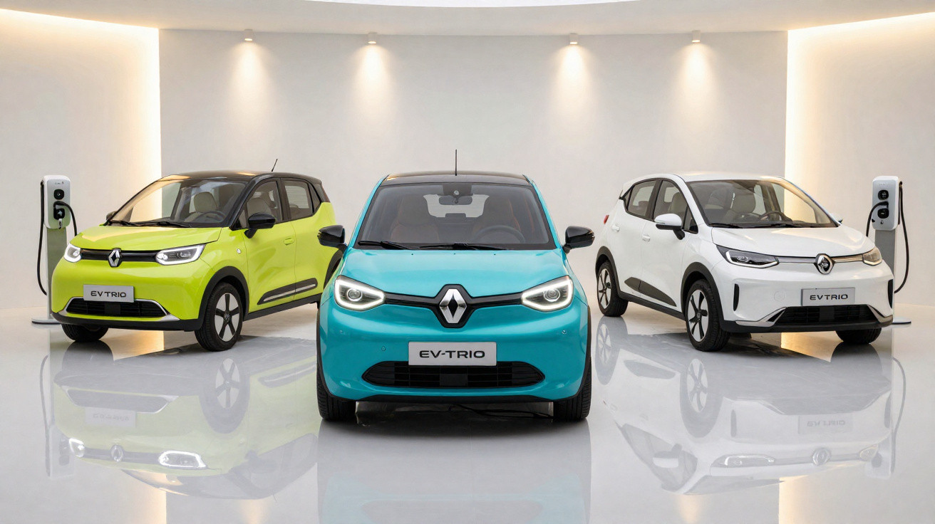 Drei Renault Elektroautos in verschiedenen Farben laden an Ladestationen in einem modernen, weißen Raum.
