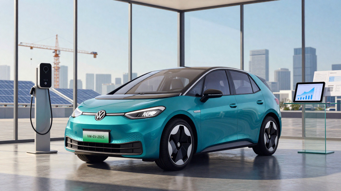 Blauer VW-ID.3 Elektroauto steht in modernem Showroom neben Ladestation und Display mit Diagrammen.
