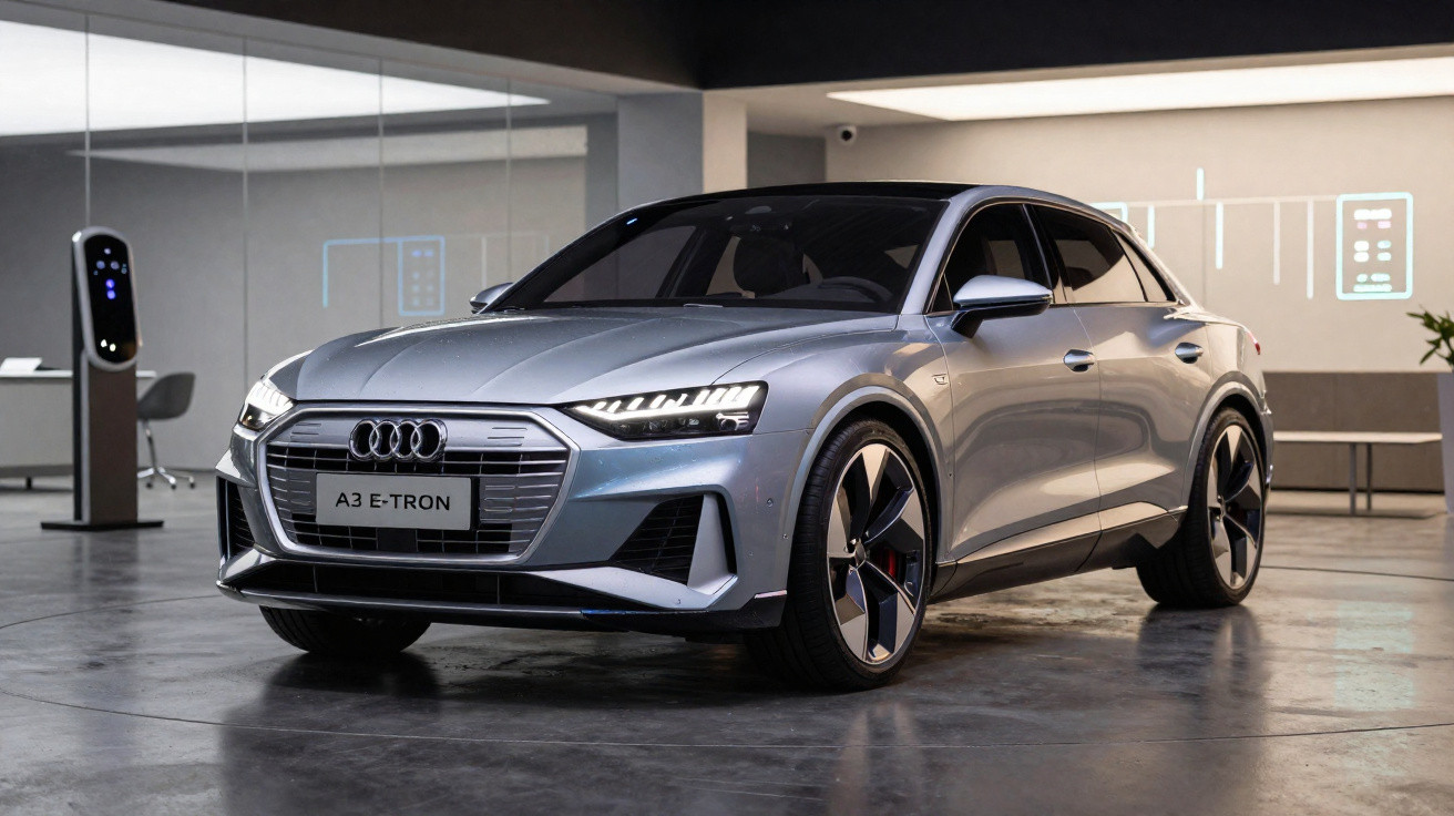Silberner Audi A3 E-TRON in modernem Ausstellungsraum mit Ladestation im Hintergrund.