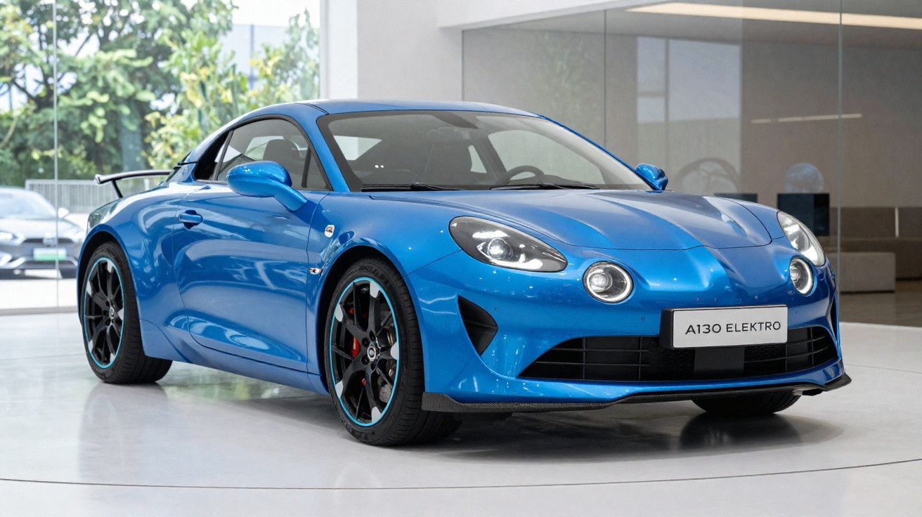 Blauer Alpine A130 Elektro-Sportwagen steht in modernem Ausstellungsraum mit Glasfenstern.
