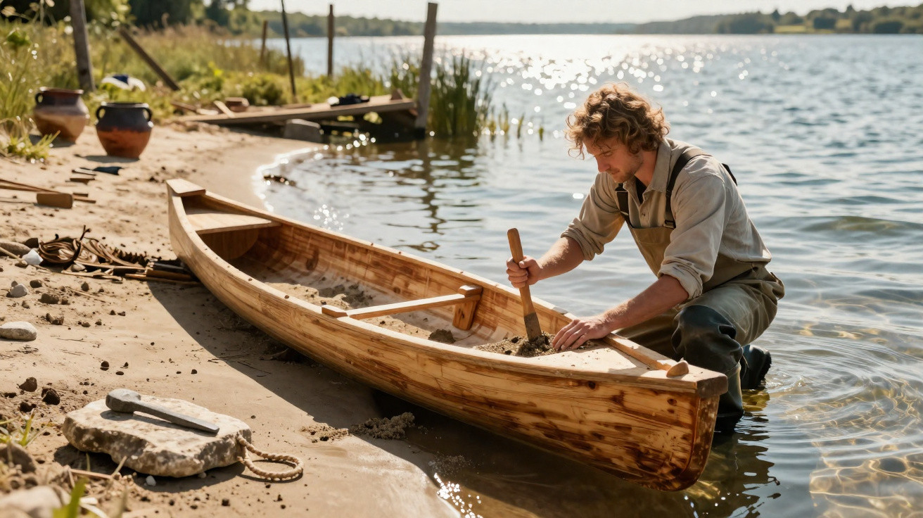 Ein Mann baut an einem Seeufer ein handgefertigtes Holzkanu im flachen Wasser bei sonnigem Wetter.