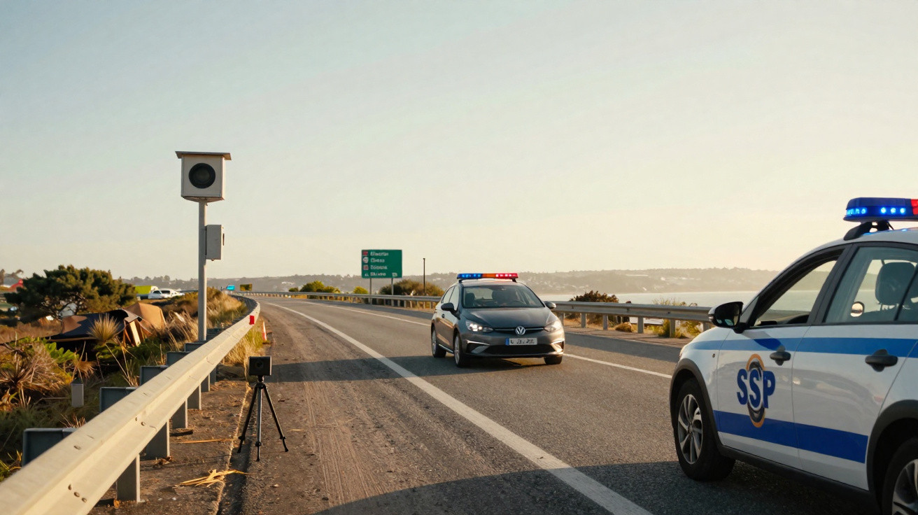 Polizeiauto mit Blaulicht auf Autobahn neben fest installierter Radarfalle und Messgerät am Straßenrand.