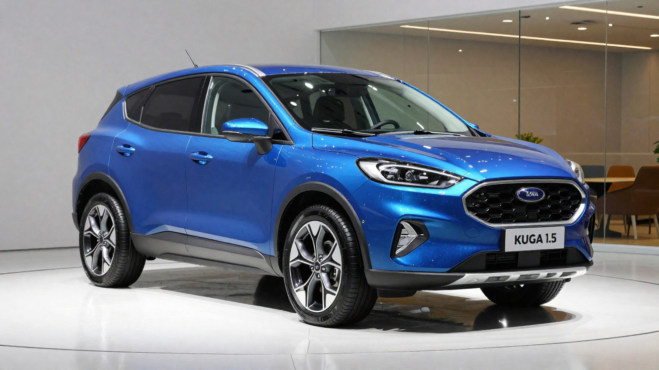 Blauer Ford Kuga 1.5 SUV auf weißem Podest in heller Ausstellungshalle.