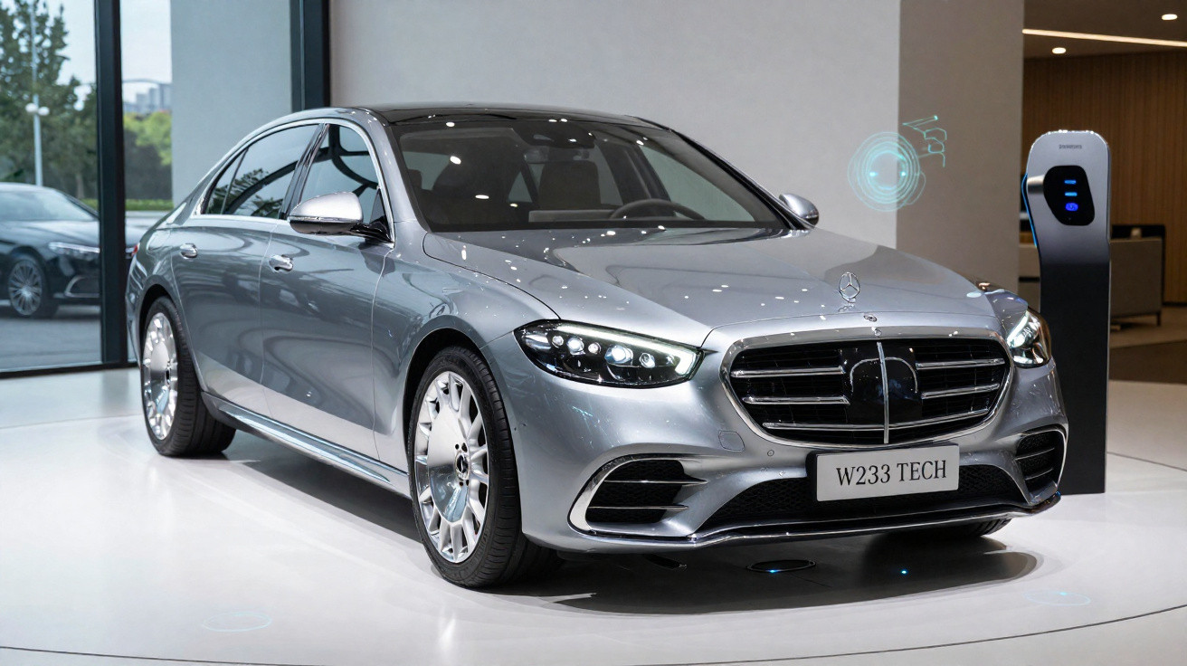 Silberne Mercedes-Benz Limousine W233 TECH im Showroom neben Ladestation, modern und elegant.