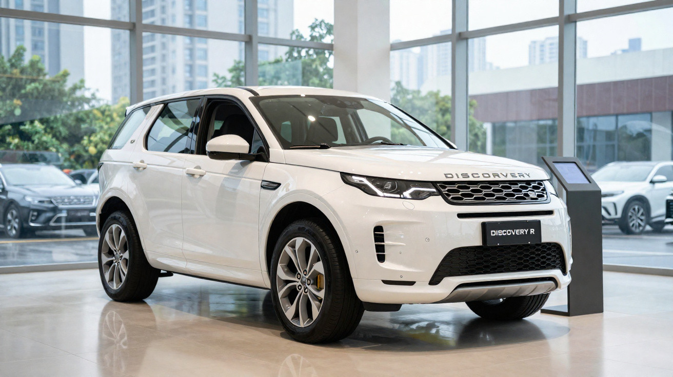 Weißer Land Rover Discovery SUV im modernen Autohaus vor großer Glasfront auf glänzendem Boden.