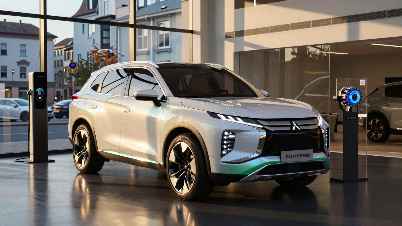 Weißes Mitsubishi EU Hybrid SUV in modernem Showroom neben Ladestation bei Dämmerung.