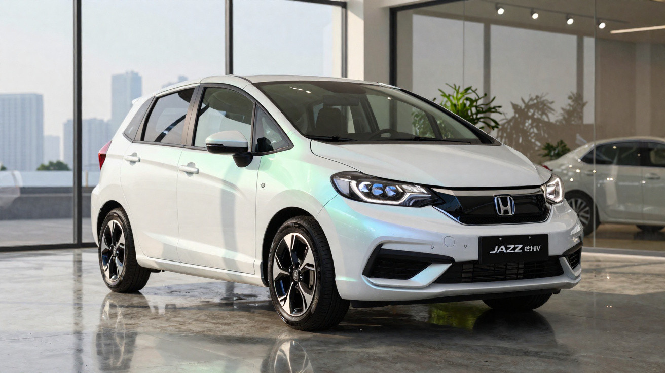 Weißer Honda Jazz e:HEV Kleinwagen im Showroom mit großen Fenstern und Stadtblick im Hintergrund.