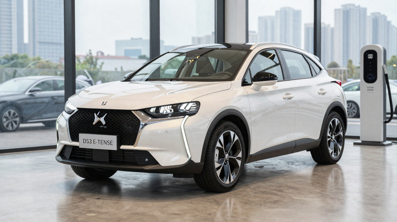 Weißer DS 3 E-Tense Elektro-SUV in moderner Ausstellung mit Ladestation im Hintergrund.