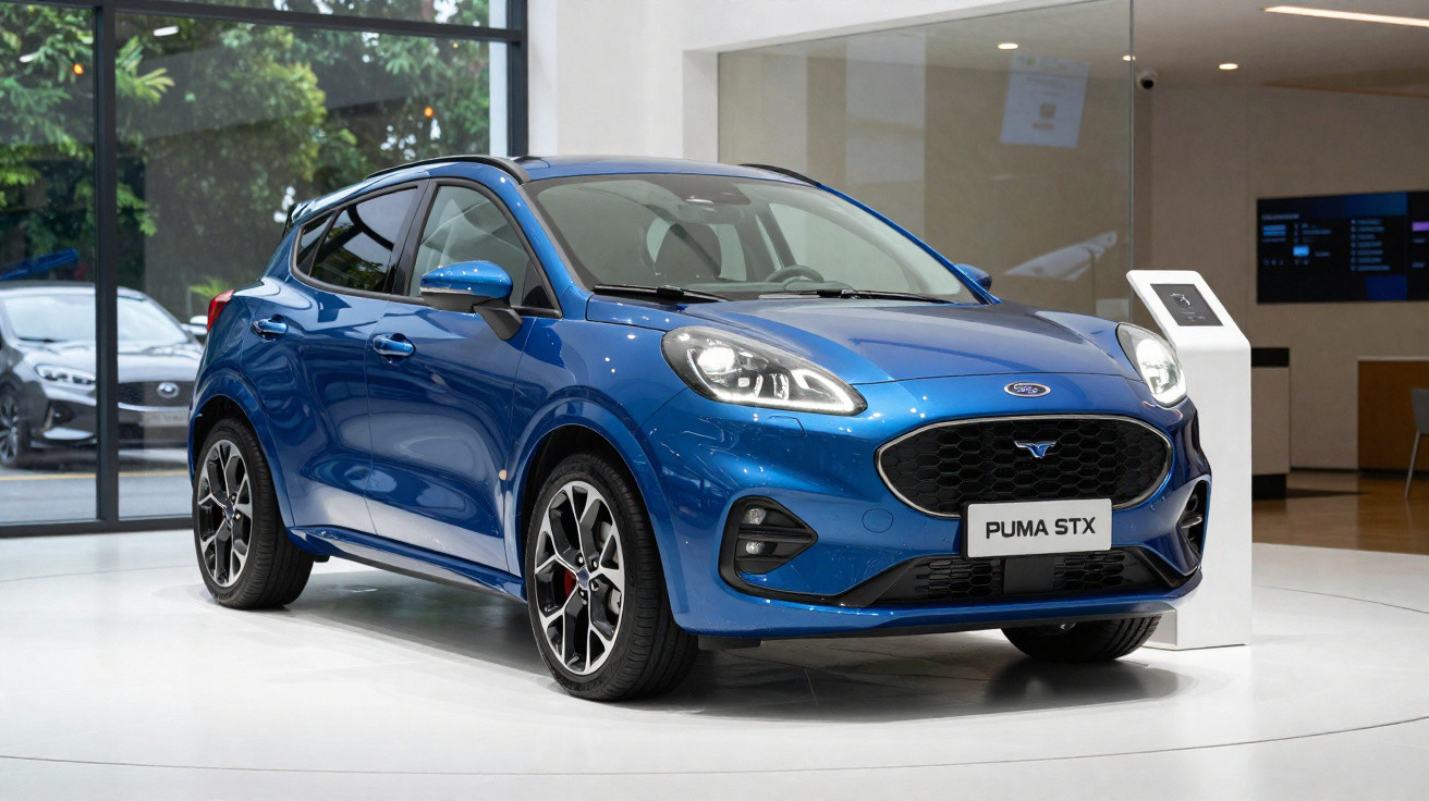 Blauer Ford Puma STX auf Präsentationsfläche in modernem Ausstellungsraum mit Glasfenstern.