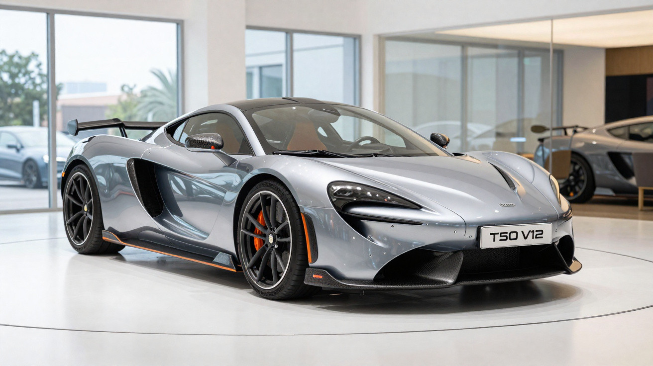 Silberner McLaren T.50 V12 Sportwagen in einem modernen Showroom auf weißem Boden.