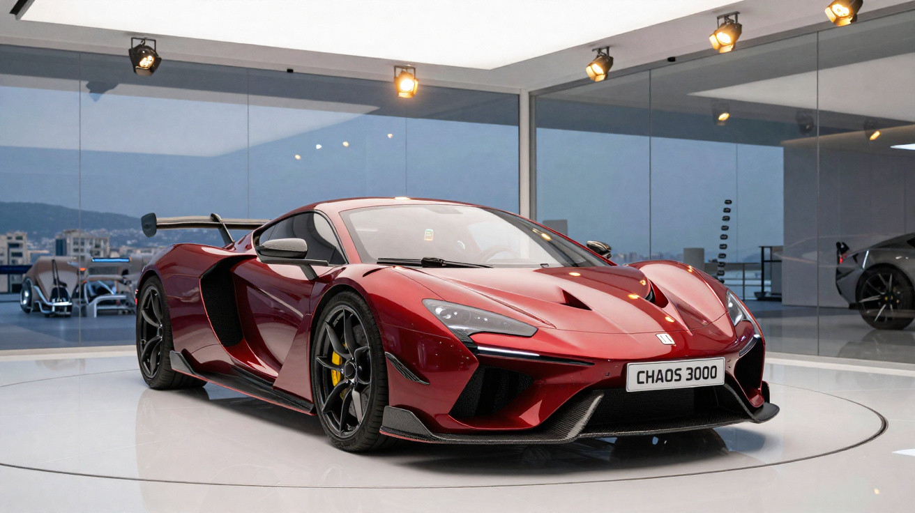 Roter Supersportwagen mit schwarzem Heckspoiler in modernem, beleuchtetem Showroom vor Spiegelwänden.
