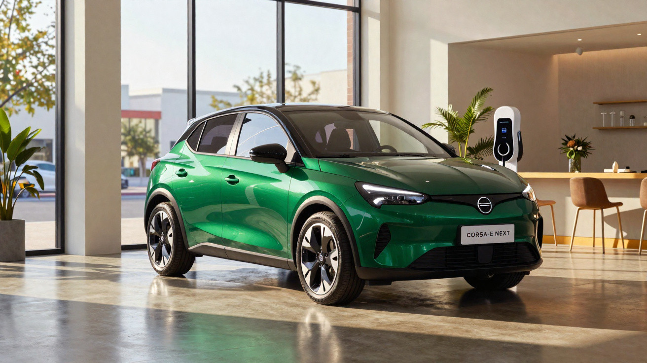 Grüner Opel Corsa-e Next Elektroauto im modernen Raum mit großen Fenstern und Ladestation an der Wand.