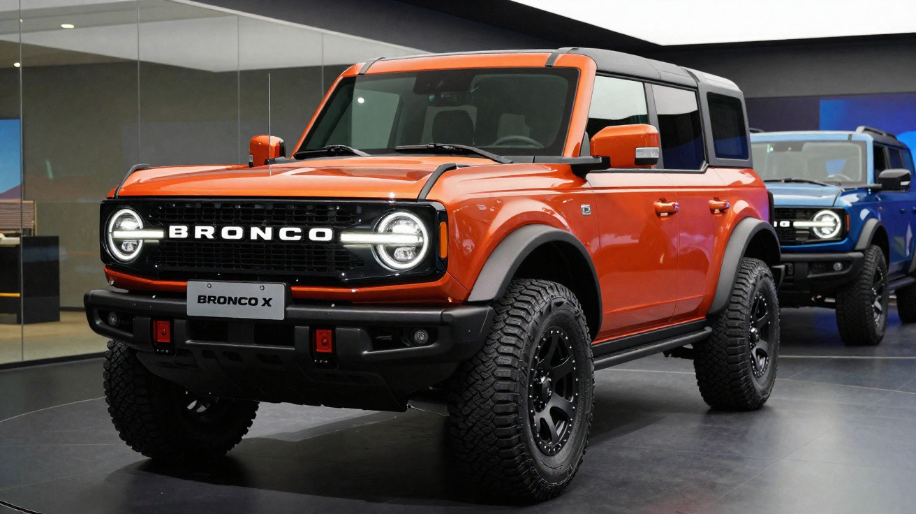 Oranger Ford Bronco X Geländewagen mit schwarzem Dach und großen Offroad-Reifen in Ausstellungshalle.