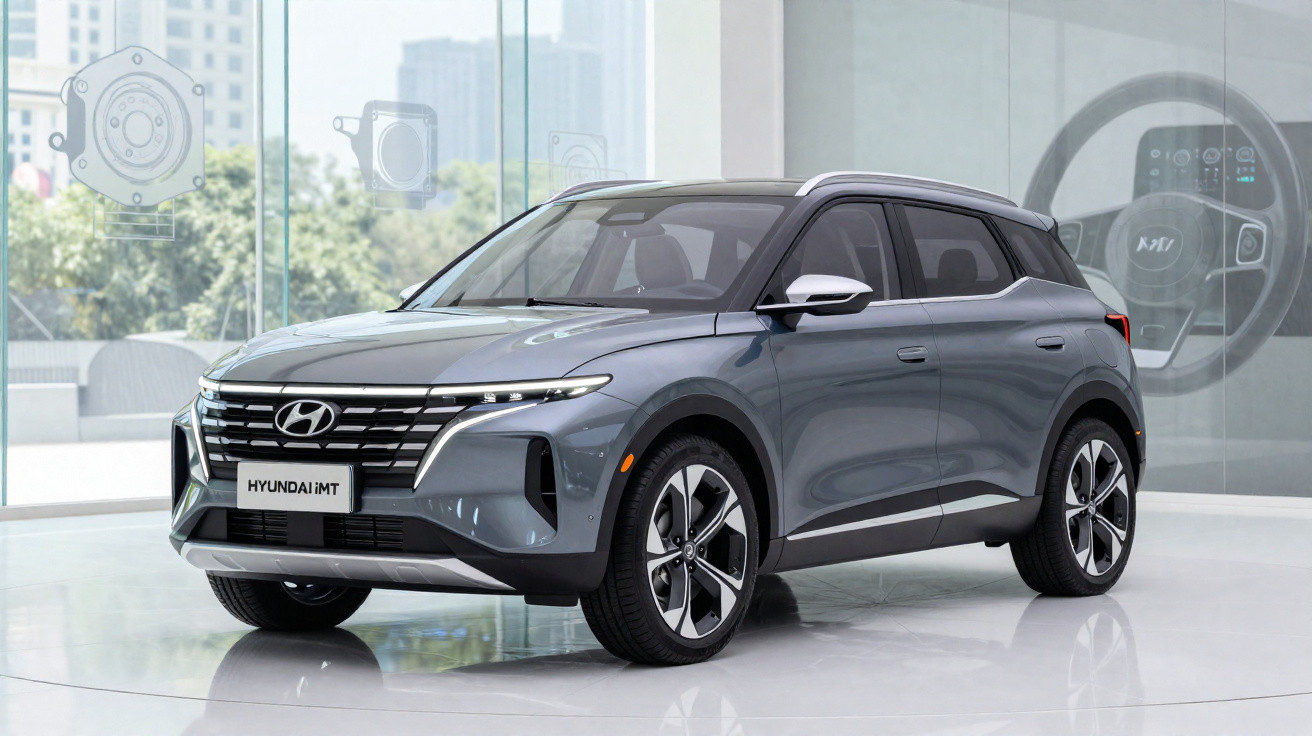 Graues Hyundai Ioniq 5 Elektro-SUV in moderner Ausstellung mit klaren Glaswänden.